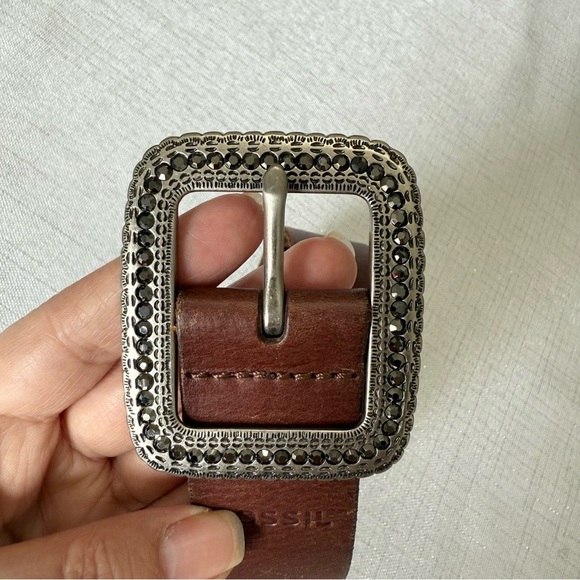 Fossil Beaded Classic Leather Brown Women’s Belt Rhinestone Buckle Size M - Picture 9 of 10